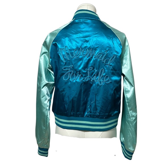 IRON FIST Mermaid For Life teal & aqua embroidered satin bomber jacket NWT - Picture 3 of 9